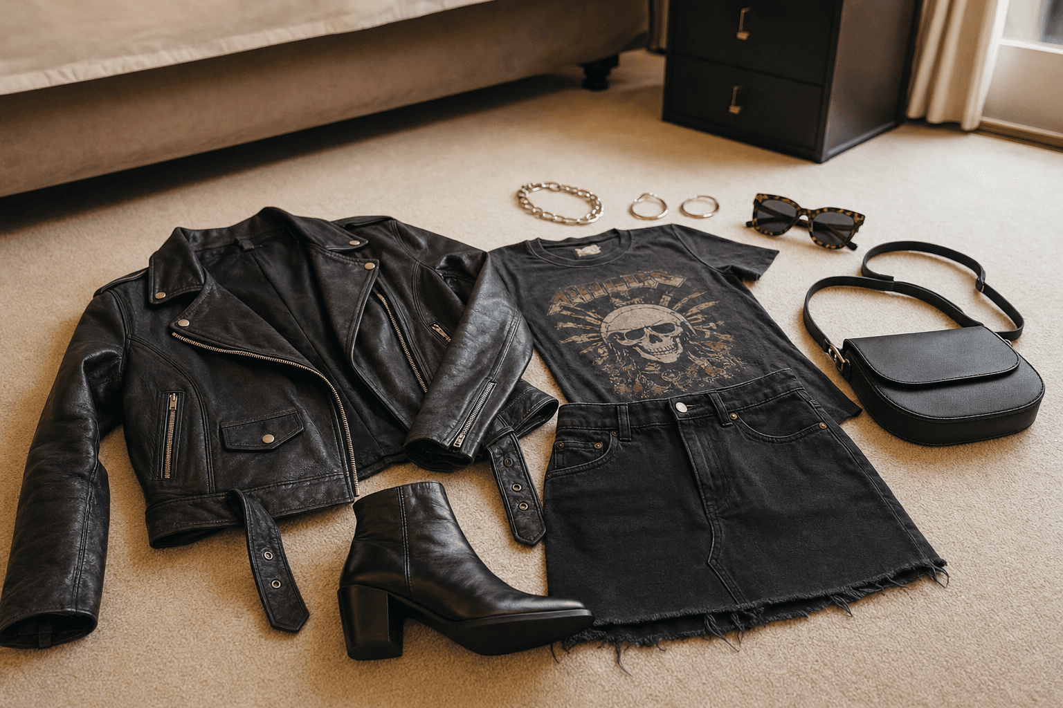 Rock-chic women's outfit laid on the carpet of an upscale hotel room